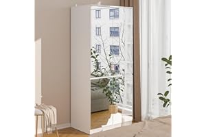 Hitow Mirror Wardrobe Armoire, Wardrobe Armoire Closet with 4 Glass Full Length Mirror Doors & Hanging Rod, Wood Wardrobe Clothes Storage Cabinet for Bedroom, White (31.5" W x 19.7" D x 70.9" H)