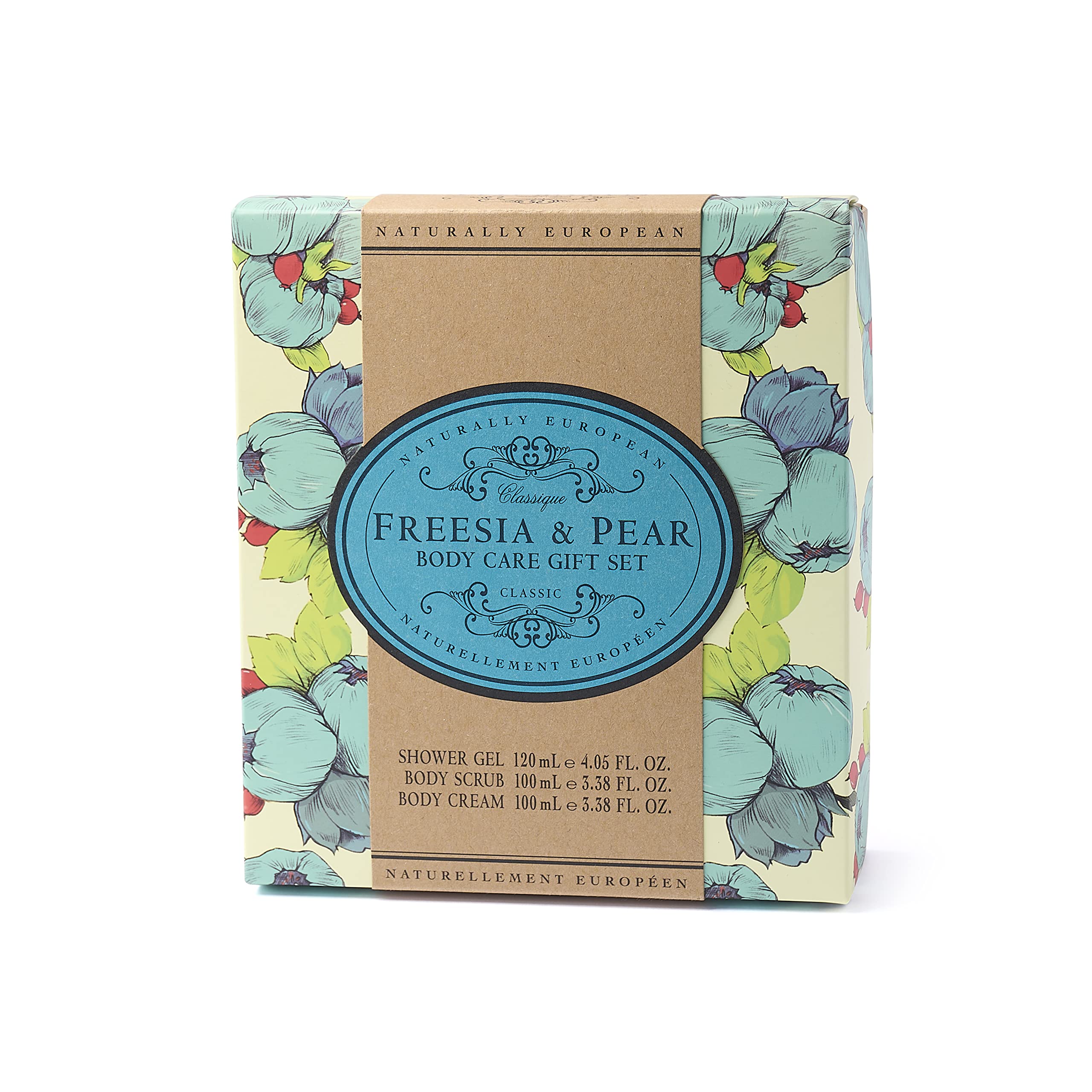 Naturally European Freesia and Pear Body Care Gift Set, Nourishes and Protects All Skin Types, Includes Shower Gel 120ml, Body Scrub 100ml and Body Cream 100ml