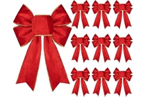 Roberly 10 Pcs Red Velvet Bows for Christmas Tree Wreath, 10" x 7" Golden Edged Red Velvet Christmas Tree Bows for Xmas Garland Stairs Fireplace Fence Front Door Tree Decorations