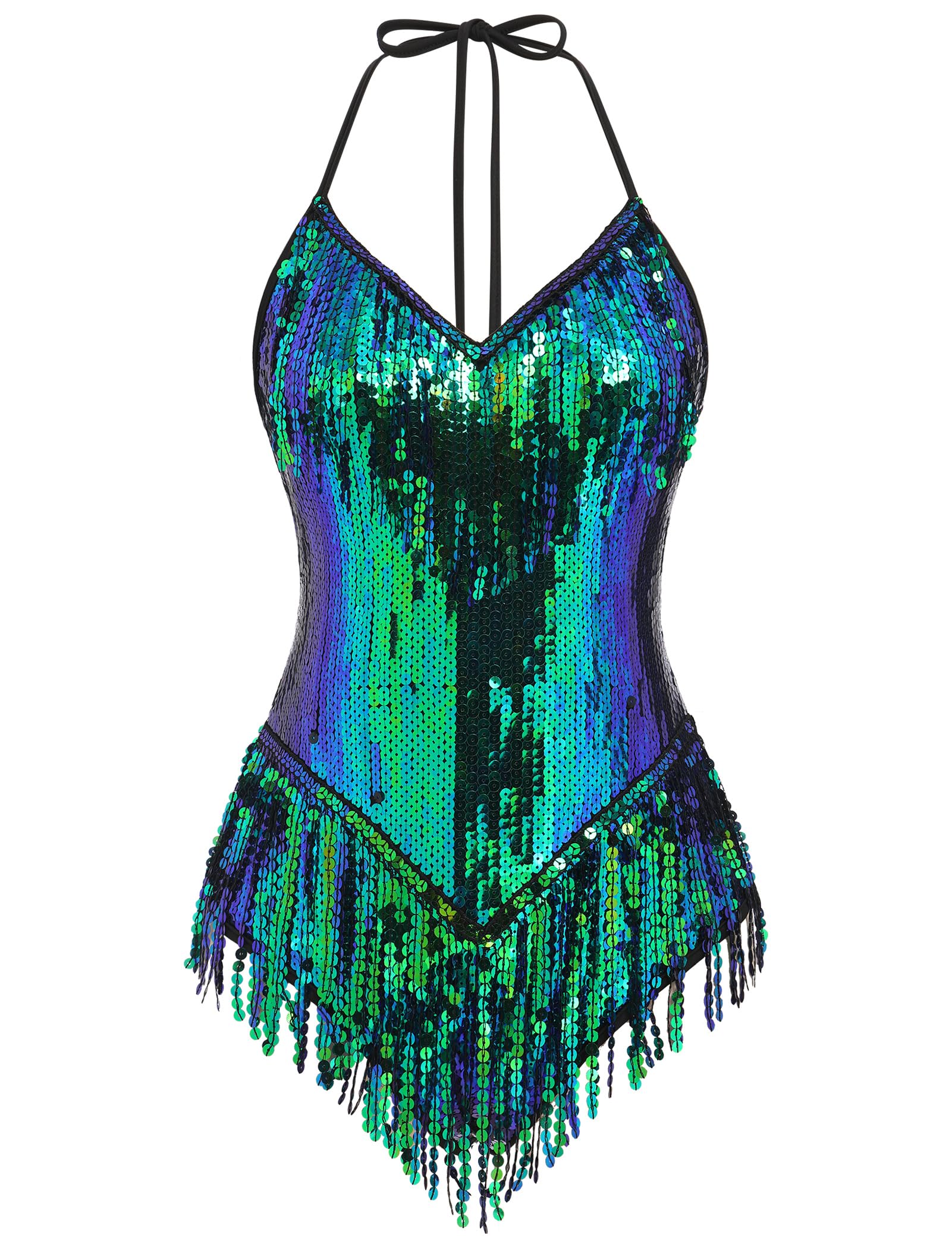 Photo 1 of (XL) (USED/FAIR) IBAKOM Sexy Glitter Sequins Fringe Bodysuit Halter Lace Up Back Jazz Latin Dance Tassel Leotard Adult Acrobat Circus Trapeze Artist Costume Dancing Queen Rave Concert One Piece Outfits Green+Blue XL