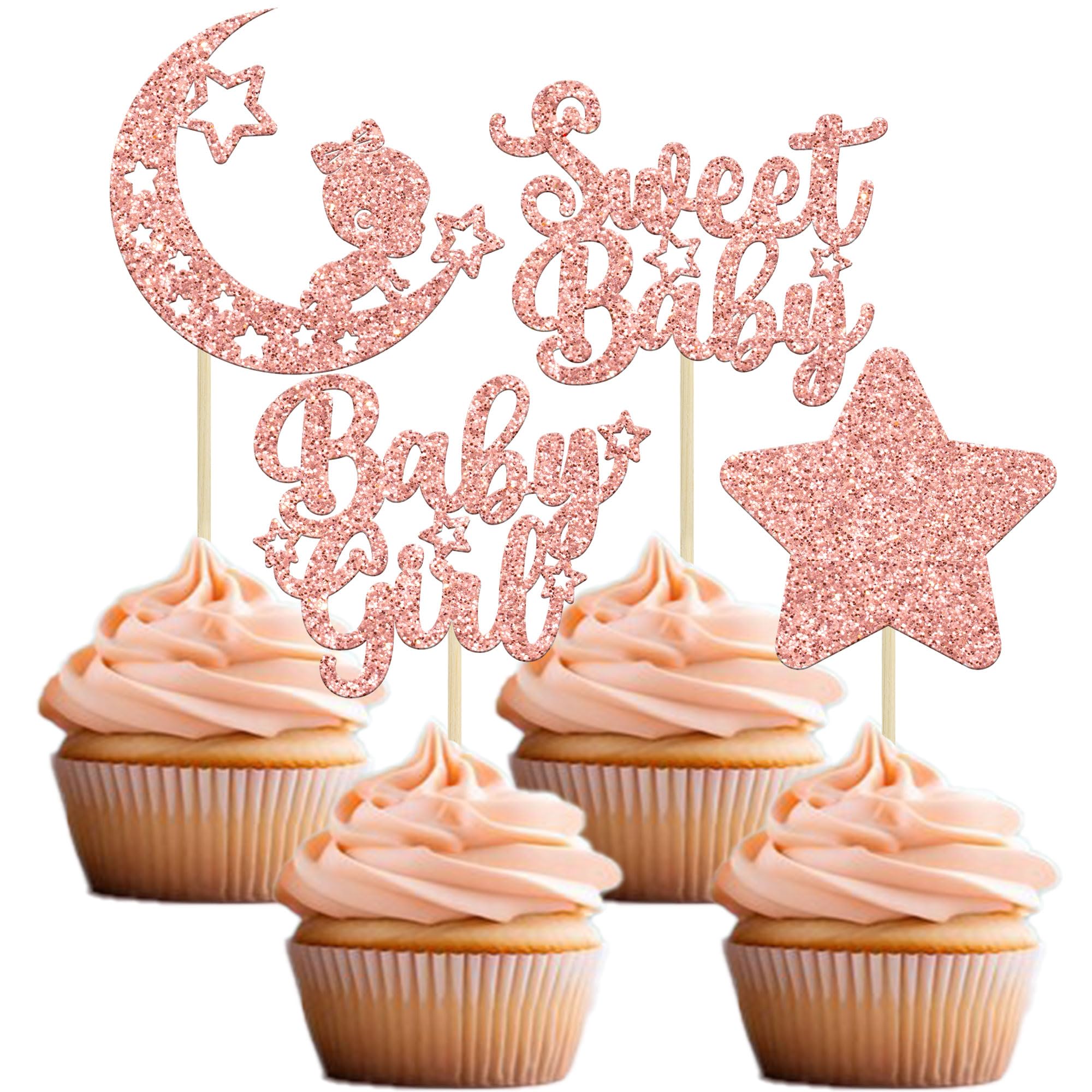 Gyufise 24Pcs Rose Gold Baby Girl Cupcake Toppers with Glitter Star Moon Baby Shower Gender Reveal Cupcake Picks Baby Shower Kids Girls Birthday Party Cake Decorations Supplies
