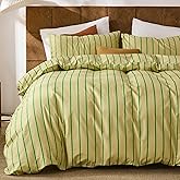 Merryword Striped Duvet Cover Set Queen Size - 100% Cotton Duvet Cover Set, Khaki & Green Stripes Pattern Comforter Cover 3 Pieces, Soft Linen Like Bedding Set for All Seasons