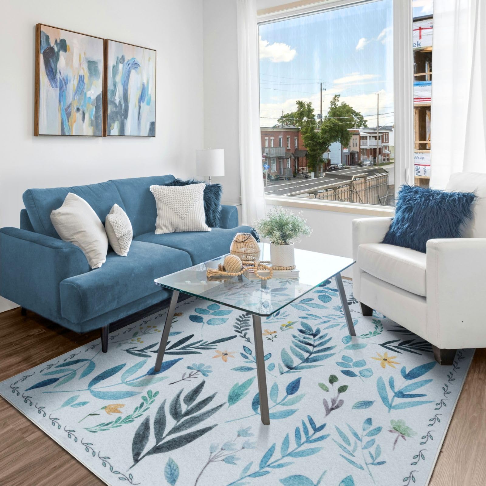 Photo 1 of Syalife 5x7 Area Rug, Washable Boho Floral Rugs for Living Room, Bedroom, Non-Slip Low Pile Throw Indoor Floor Mat, Vintage Carpet for Home Office Dorm Kids Dining Room (Blue Leafy, 5'x7')