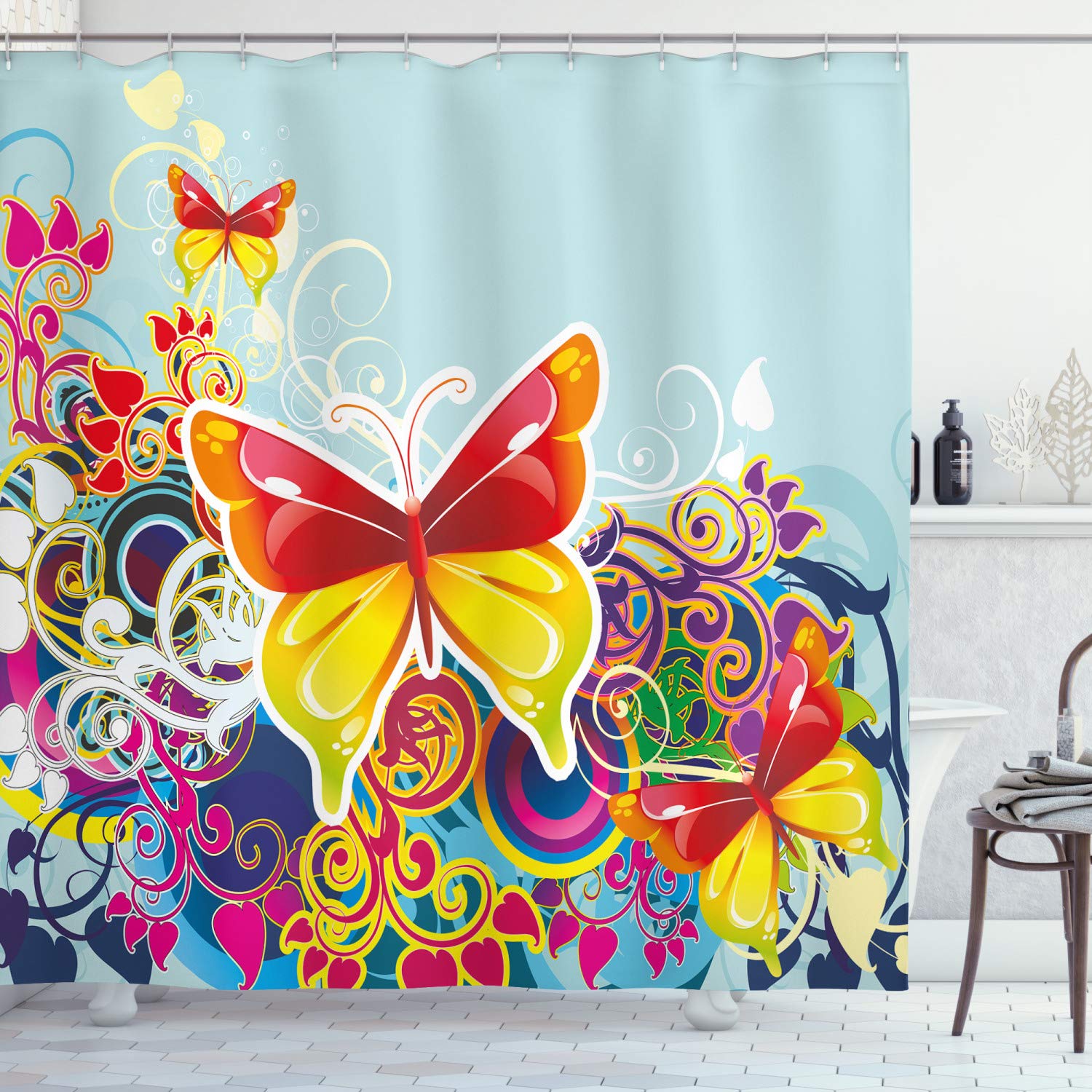 ABAKUHAUS Colorful Shower Curtain, Butterflies and Floral Ornamanets Fantasy Design Colorful Vibrant Wings Artwork, Cloth Fabric Bathroom Decor Set with Hooks, 86 Inches Extra Long, Multicolor