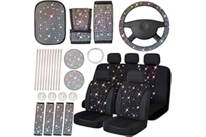 CHENGU 34 Pieces Bling Velvet Fabric Car Seat Covers Full Set Bling Car Accessories for Women, Diamond Steering Wheel Cover Rhinestone Crystal Seat Belt Cover Center Console Pad Car Decor (Colorful)