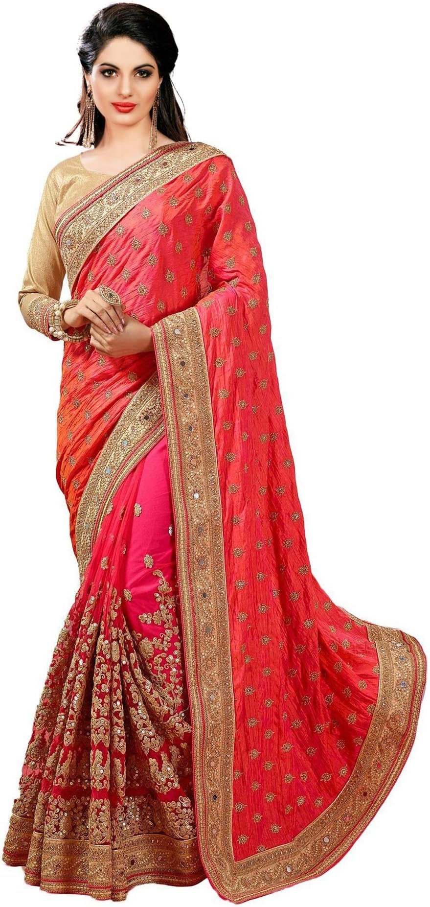Women's Satin Net Heavy Embroidery Work Saree