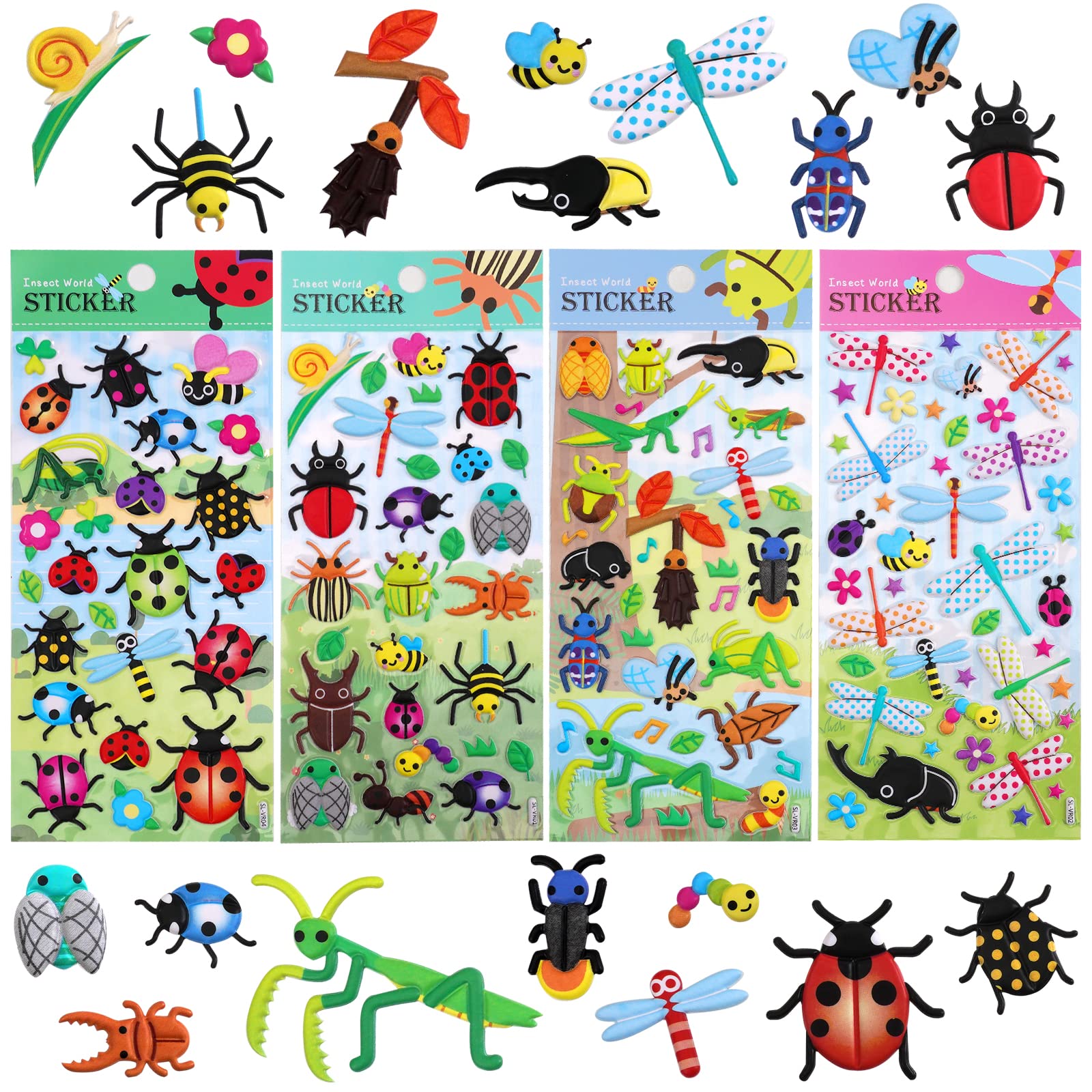 Puffy Insect Stickers for Kids Toddlers,3D Foam Bug Sticker with Ladybug Butterfly Praying Mantis Caterpilla Dragonfly Stickers and Small Worm Sticker for Preschool,4 Pack.