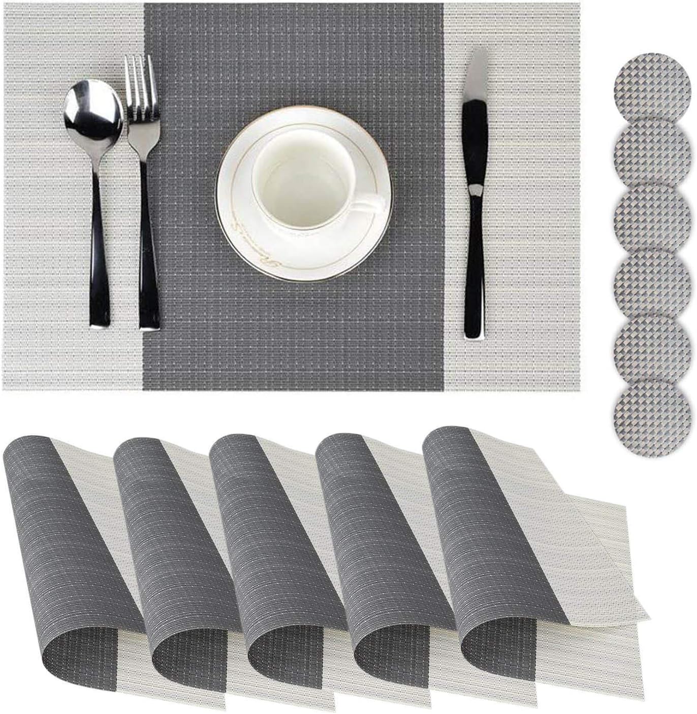 Place mats set of 6,Table Mats Non-slip Heat Resistant Dining Kitchen Table Mats Washable Crossweave Woven Vinyl table mats set of 6 (11.8 in x 17.7 in) (stripe)