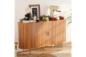 DHH Sideboard Buffet Cabinet with Storage,Mid Century Modern Fluted Accent Coffee Bar Console Table,Tambour Sliding Doors& Adjustable Shelf for Kitchen, Living Room, Entryway(Yellow Walnut 55 Inch)