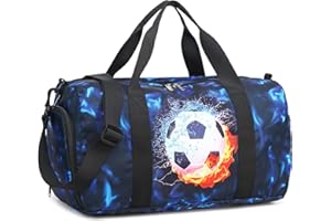 LEDAOU Kids Duffle Bag Boys Girls Overnighter Travel Sport Gym Bag Weekender Carry On Shoulder Bag with Shoe Compartment & Wet Pocket (Football Black Blue)