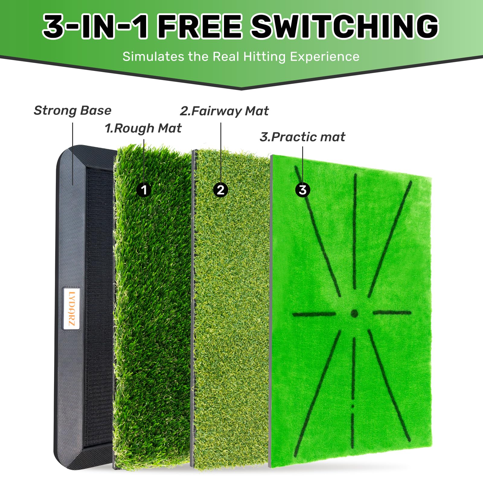 Golf Hitting Mats Training Equipment, Golf Practice Mat with Instant Swing Path Feedback, 3 Replaceable Golf Training Mats with No-Slip Heavy Duty Rubber Base