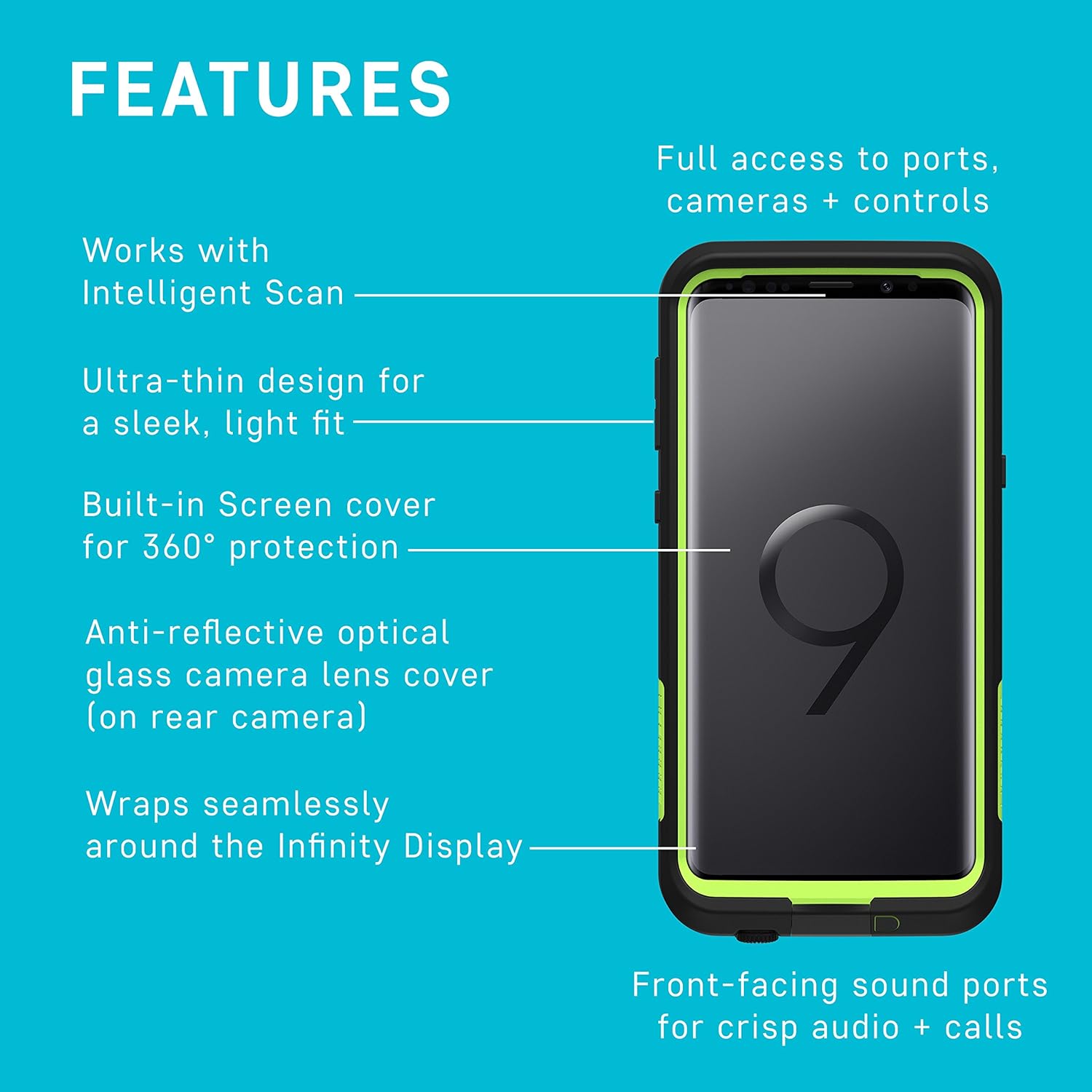 LifeProof FRĒ Series Waterproof Case for Samsung Galaxy S9 - Retail Packaging - Night LITE (Black/Lime)
