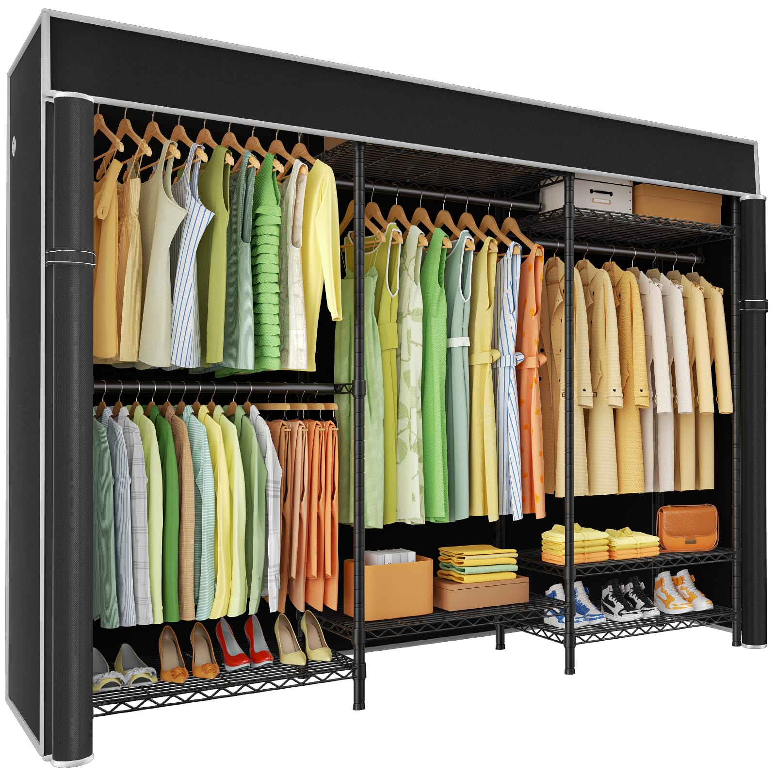 Ulif E13C Heavy Duty Closet Organizer System，Freestanding Clothing Racks for Hanging Clothes，Adjustable Garment Rack 63" W x 16" D x 77" H Hold 960 lbs，Black Clothing Rack with Black Dustproof Cover