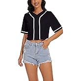 Women's Crop Top Baseball Jersey Button Down V-Neck Short Sleeve T-Shirt Girls Cute Summer Tops Softball Shirt
