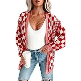 Urchics Womens Casual Fall Cardigan Sweater Open Front Chunky Knit Sweaters Checkered Outwear Coat