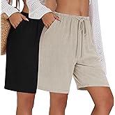 Neer 2 Pack Linen Women's Shorts High Waisted Casual Bermuda Wide Leg Drawstring with Pocket Knee Length