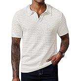 Herberton Men V Neck Polo Knit Striped Heavyweight Casual Poloshirts Summer Short Sleeve Shirt (S-XXL)