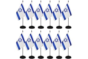 BCLIN 12 Pack Israel Desk Flags Set, Israeli Small Mini Table Office Flags With 12" Solid Black Pole, Black Base and Spear Top, Miniature Desktop Flag, Home Decoration, Office Decoration, Festival Celebrations