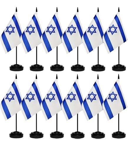 12 Pack Israel Desk Flags - Mini Israeli Table Flags With Stand Base For Office & Event Decorations