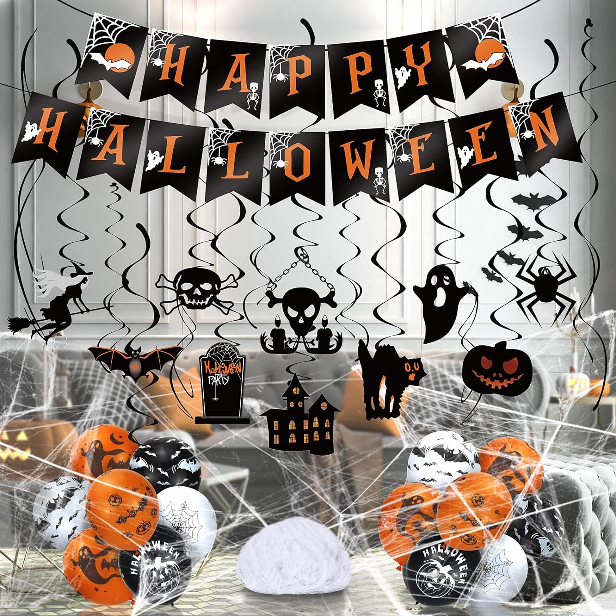 Halloween Party Decoration Kit - Halloween Hanging Swirl, Banner, 12 Pieces Balloons and 20 gram Spiderweb Cobweb for Halloween Party Indoor Outdoor Decorations