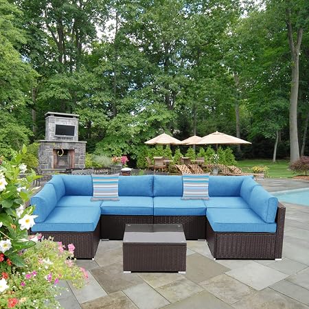 Amazon Com Sunbury Outdoor Sectional 7 Piece Espresso Brown Wicker Sofa Patio Furniture Set W 2 Stripe Pillows Denim Blue Cushions Tempered Glass Table Weatherproof Cover For Backyard Garden Outdoor