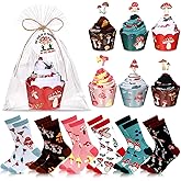 Foaincore 6 Pairs Women's Cute Socks Funny Mushroom Socks Valentine's Day Birthday Gifts for Women Mom Men Mushroom Lovers Gift Decor Accessories with Cupcake Toppers and Wrappers