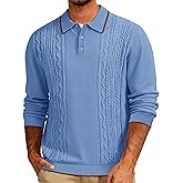 Cotrasen Mens Knit Polo Sweater Long Sleeve Textured Casual Collared Button Sweater Ribbed Lightweight