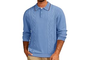 Cotrasen Mens Knit Polo Sweater Long Sleeve Textured Casual Collared Button Sweater Ribbed Lightweight