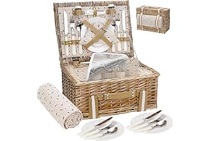 Willow Picnic Basket Set for 4 Persons with Large Insulated Cooler Bag and Waterproof Picnic Blanket,Wicker Picnic Hamper for