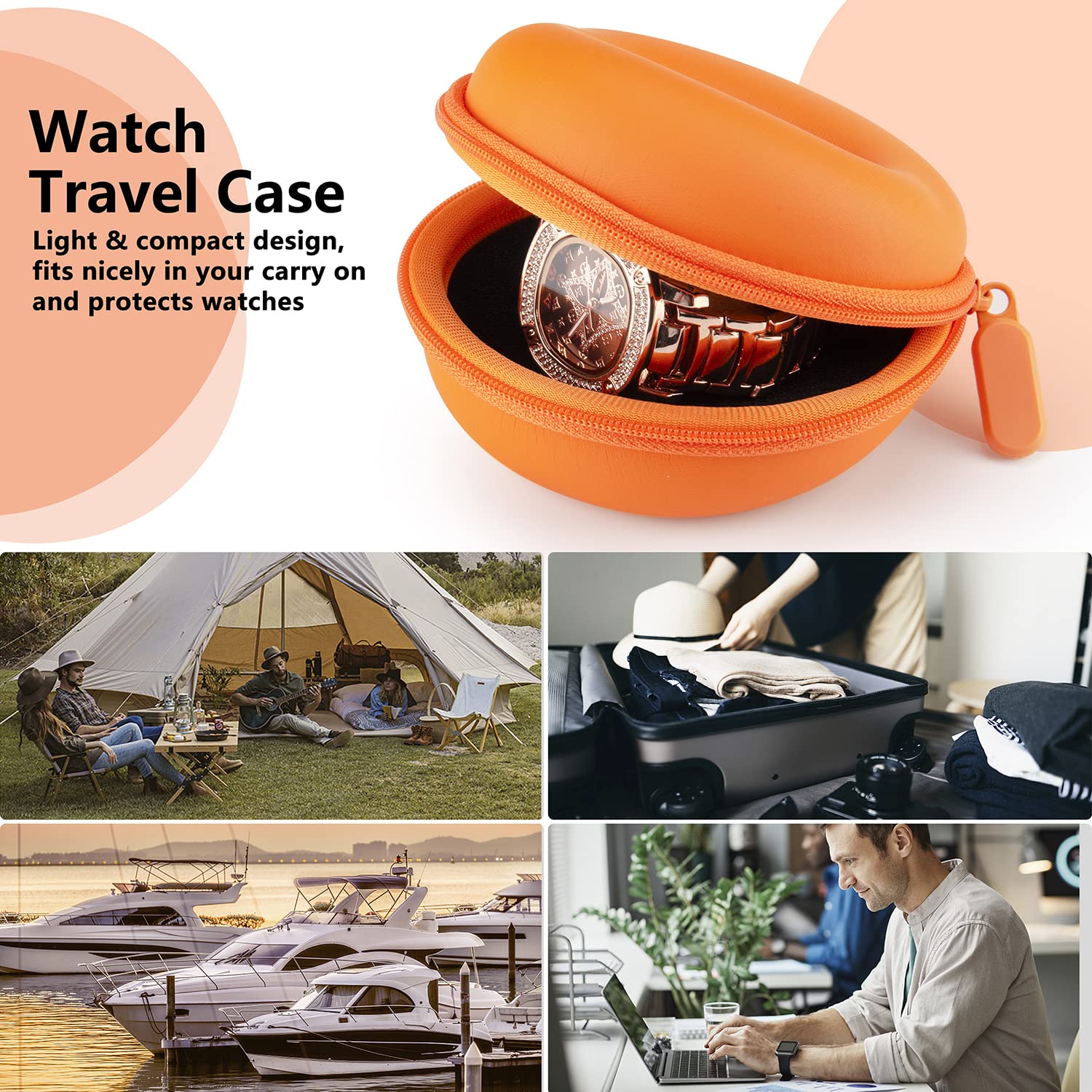Watch Travel Case for Women: Portable Single Watch Box Organizer Travel Watch Case 1 Slot - Fits all Wristwatches & Smart Watches up to 50mm（Orange）