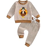 COORALLY Toddler Baby Boy Girl Thanksgiving Outfit Turkey Embroidery Stripe Long Sleeve Waffle Knit Sweatshirt and Pants Set