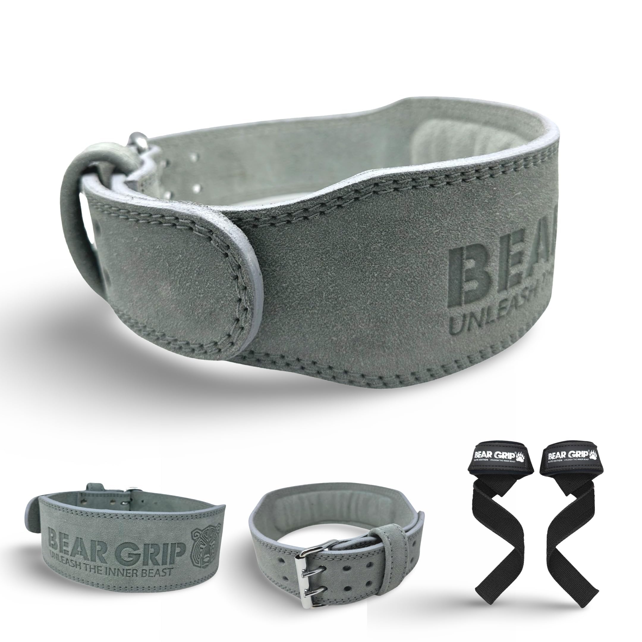 BEAR GRIP Weight Lifting Belt for Men & Women – Premium Suede Leather Gym Belt for Deadlifts, Squats - Double Prong Powerlifting Belt for Strength & Weight Training (Grey, Medium)
