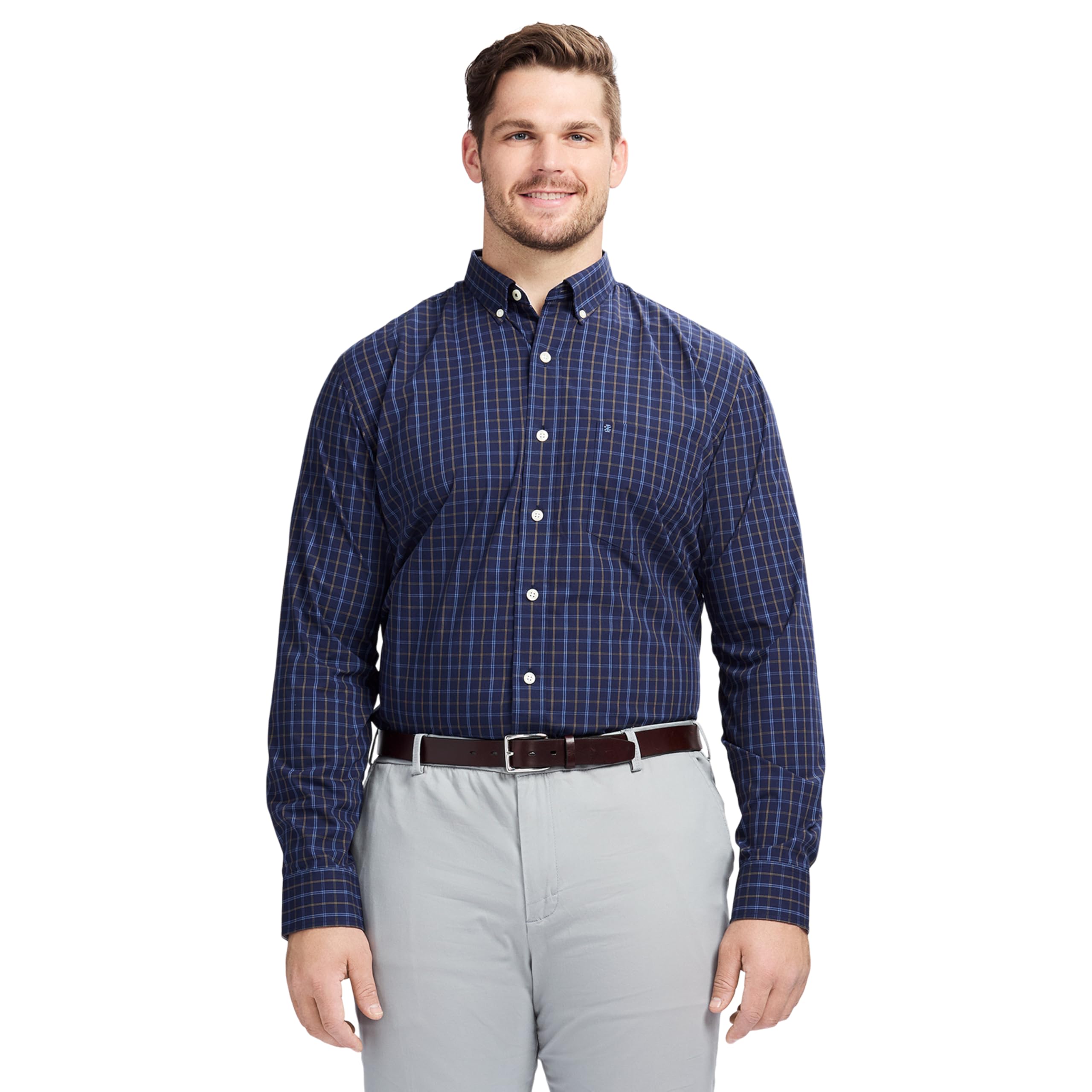 IZOD Men's Big and Tall Performance Comfort Long Sleeve Gingham Button Down Shirt, Peacoat, XX-Large Tall Image