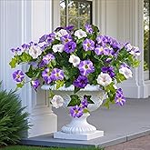 Artificial Flowers for Outdoors 2 Pack UV Resistant Petunias with Real Touch Plastic Leaves, Faux Flowers for Outdoor Planters, Silk Flowers for Outside Garden Porch Window Patio Home Decor, Purple