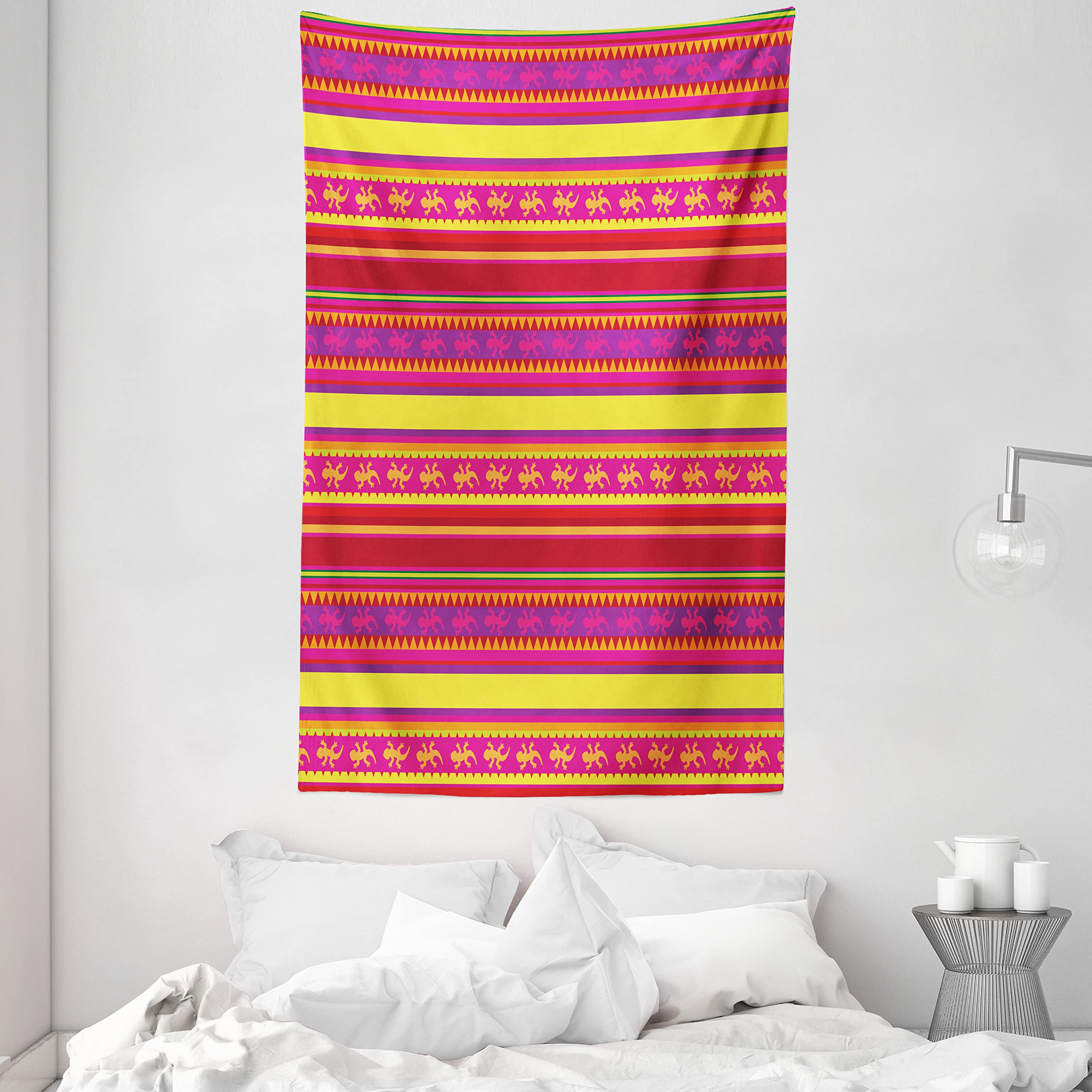 ABAKUHAUS Mexican Tapestry, Vibrant Colored Striped Pattern with Abstract Lizard Animal Folk Borders, Fabric Wall Hanging Decor for Bedroom Living Room Dorm, 54 W X 90 L, Red Magenta