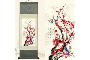 Newscz Asian Wall Art for Living Room Chinoiserie Decor Vertical Wall Scroll Silk Scroll Painting Art Poster Four Gentlemen of the Garden - Plum Art Mural Oriental Decor Ready to Hanger 36 by 12 in