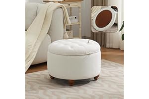 WUTUTUEE 24Inch Round Storage Ottoman with Tray, Modern Tufted Fabric Circle Coffee Table with Storage, Upholstered Ottoman with Removable Top for Living Room, Bedroom, Beige