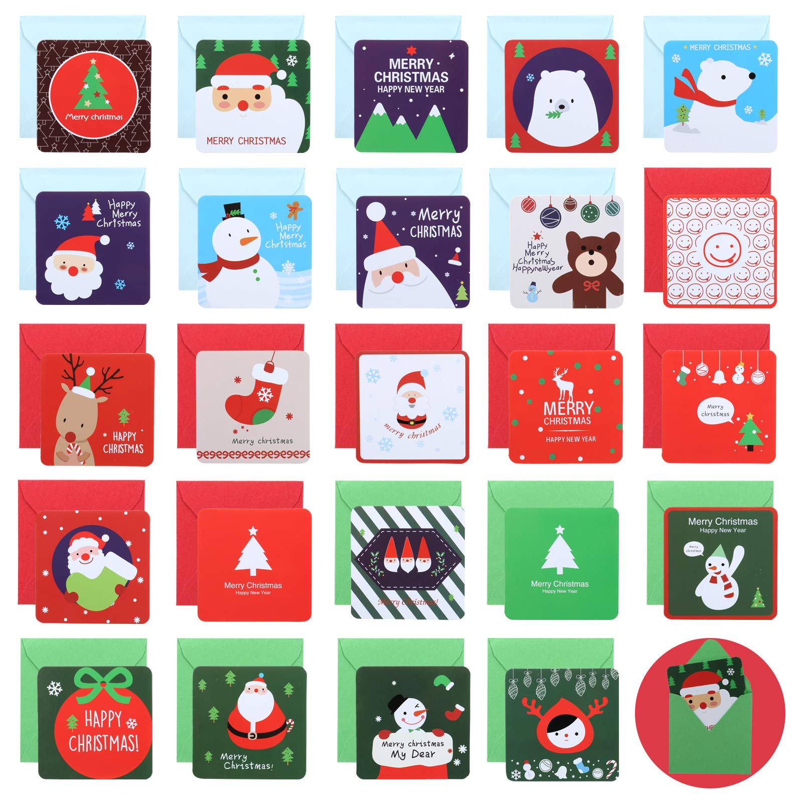 Naler 24 Pack Christmas Cards Mini, Merry Christmas Greeting Cards Festive Holiday Cards with Envelopes, 6.8 x 6.9 cm