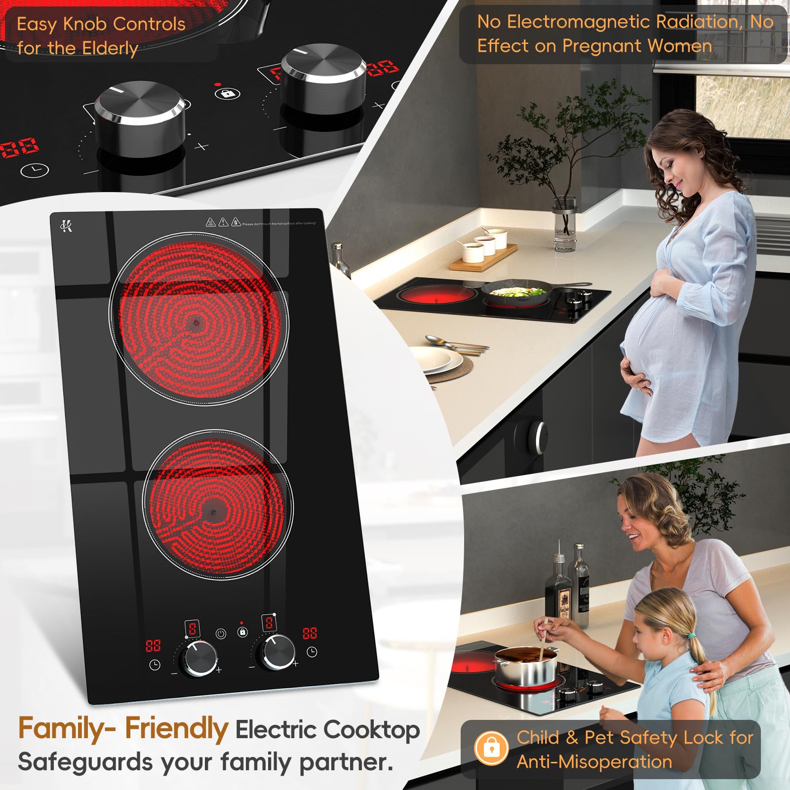 2 Burner Electric Cooktop 220-240V, 3000W Radiant Electric Stove Top with Built-in Design, 12 inch Knob Control Ceramic Cooktop with Safety Lock, 9 Level Power, Timer - Hard Wire