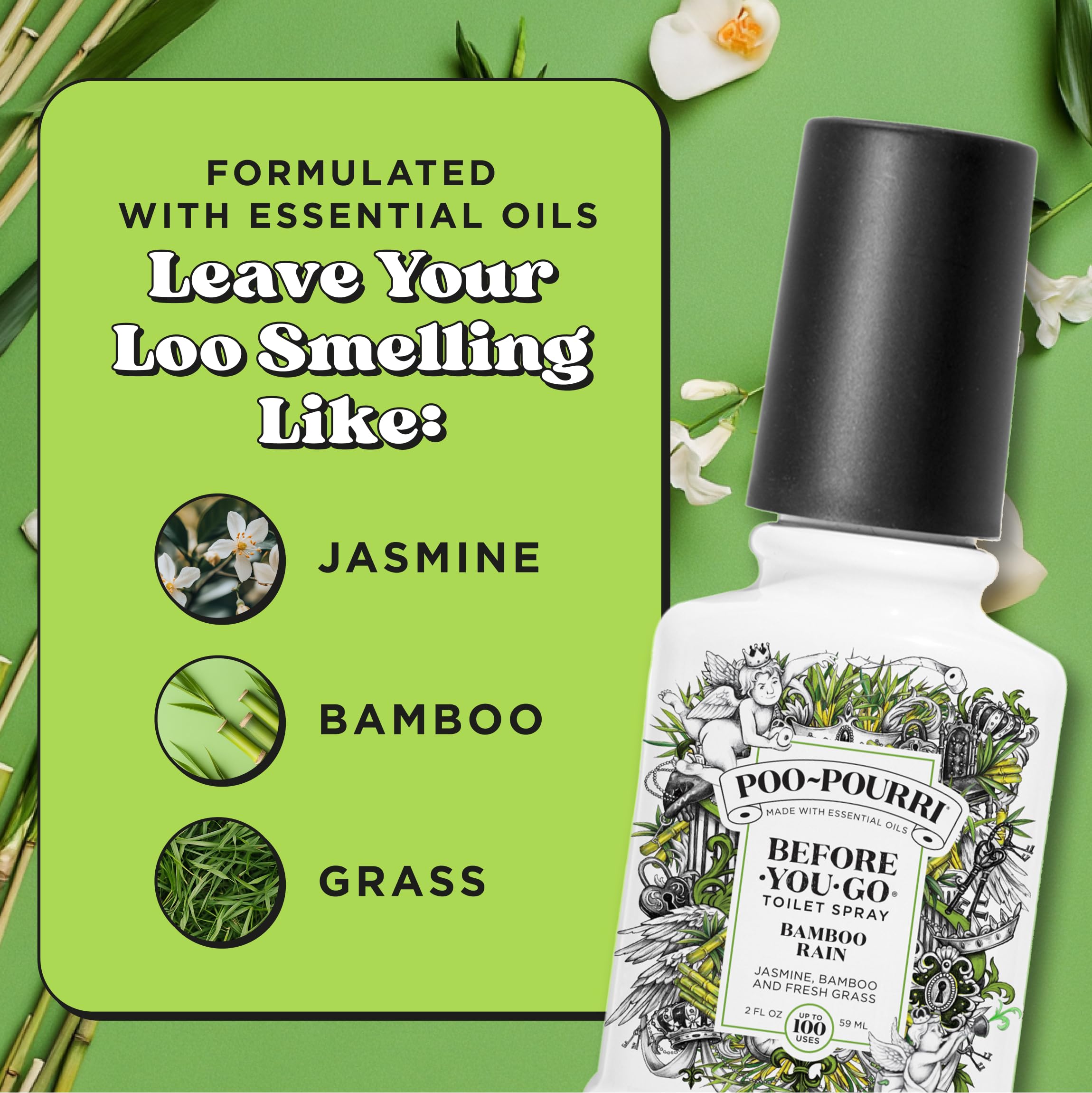Poo-Pourri Before-You-Go Toilet Spray, Bamboo Rain, 2 Fl Oz, Up to 100 Uses, Bathroom Odor Deodorizer with Essential Oils for Home or Work, Travel Essentials, TSA Approved Size, Bamboo & Fresh Grass