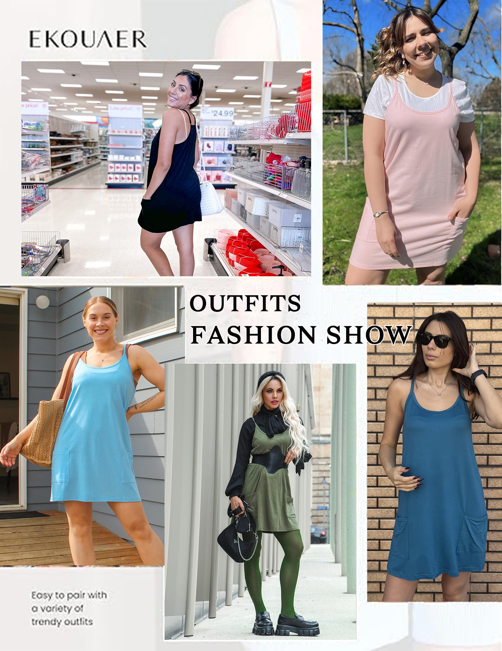 Ekouaer Nighty for Women Sleeveless Nightgown Patch Pockets Night Dress Full Silp Pajama Dress Lounge Dress with Pockets Black，S