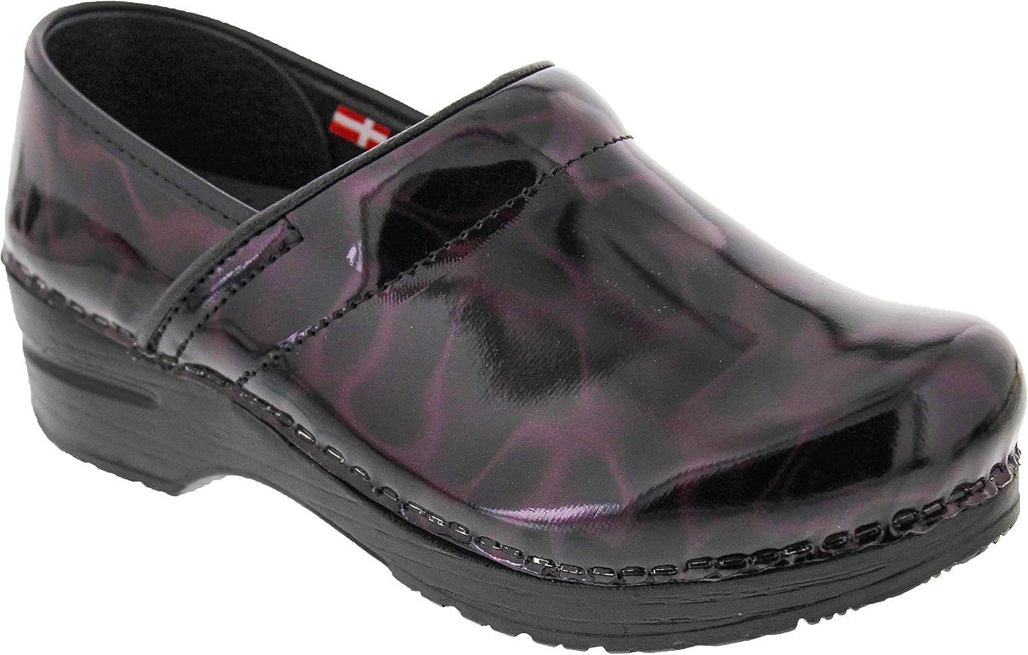 sanita black patent clogs