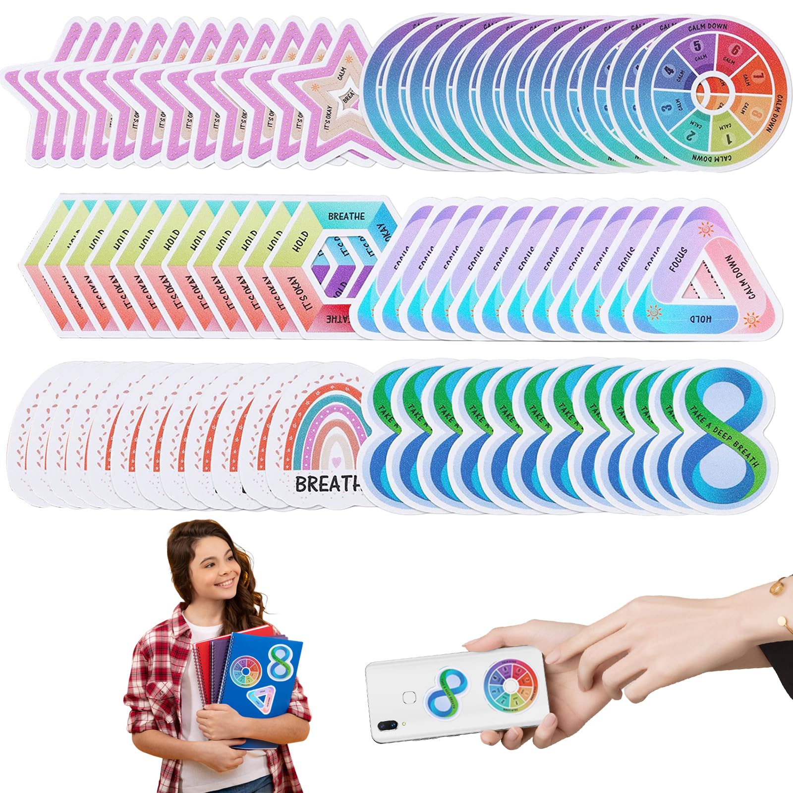 mumisuto 72Pcs Strips for Anxiety Sensory Stickers, 6 Styles Mood Stickers with Textured Rough, Sleep Sticker for Kids Anxiety Relief Suitable for Phone Bottle Cup