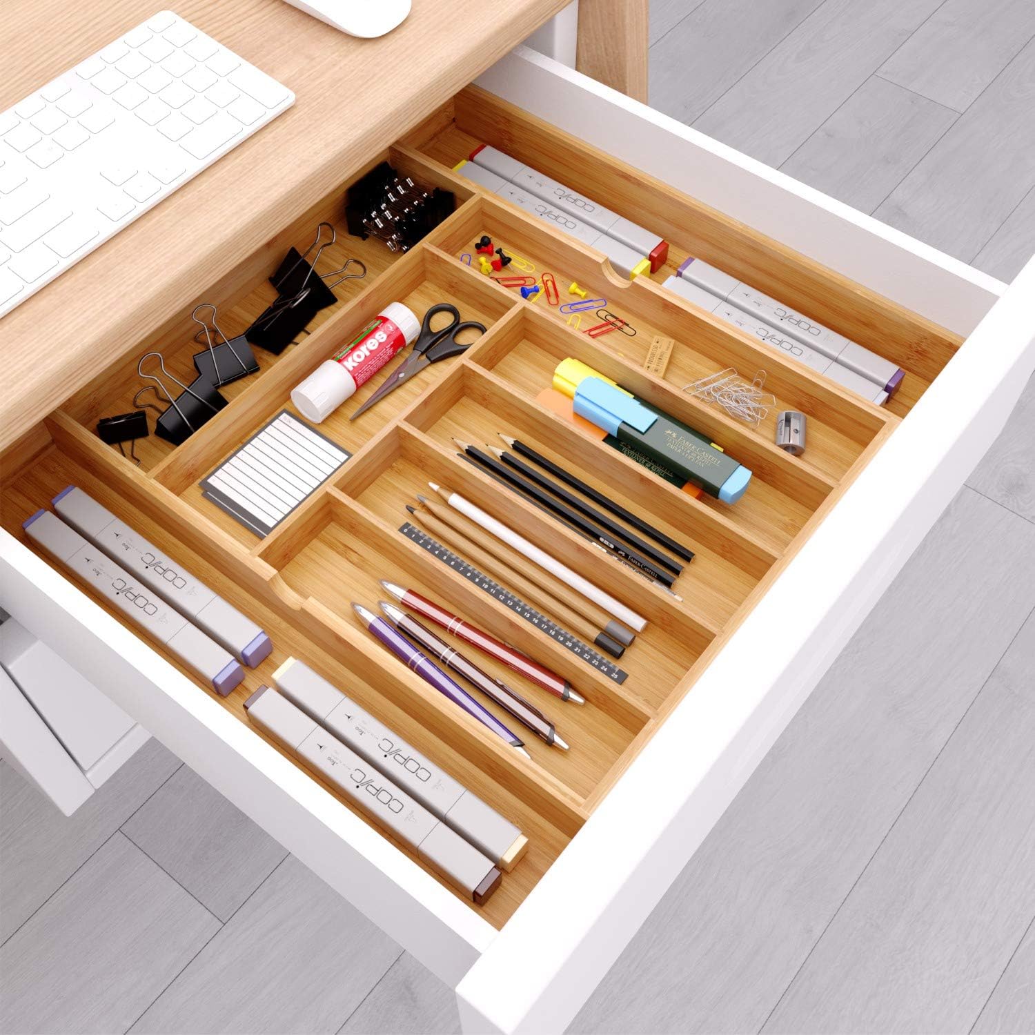 BAMEOS Utensil Drawer Organizer, Cutlery Tray Desk Drawer Organizer Silverware Holder Kitchen Knives Tray Drawer Organizer, 100% Pure Bamboo Expandable Adjustable Cutlery in Natural Color (22 inch): Kitchen & Dining