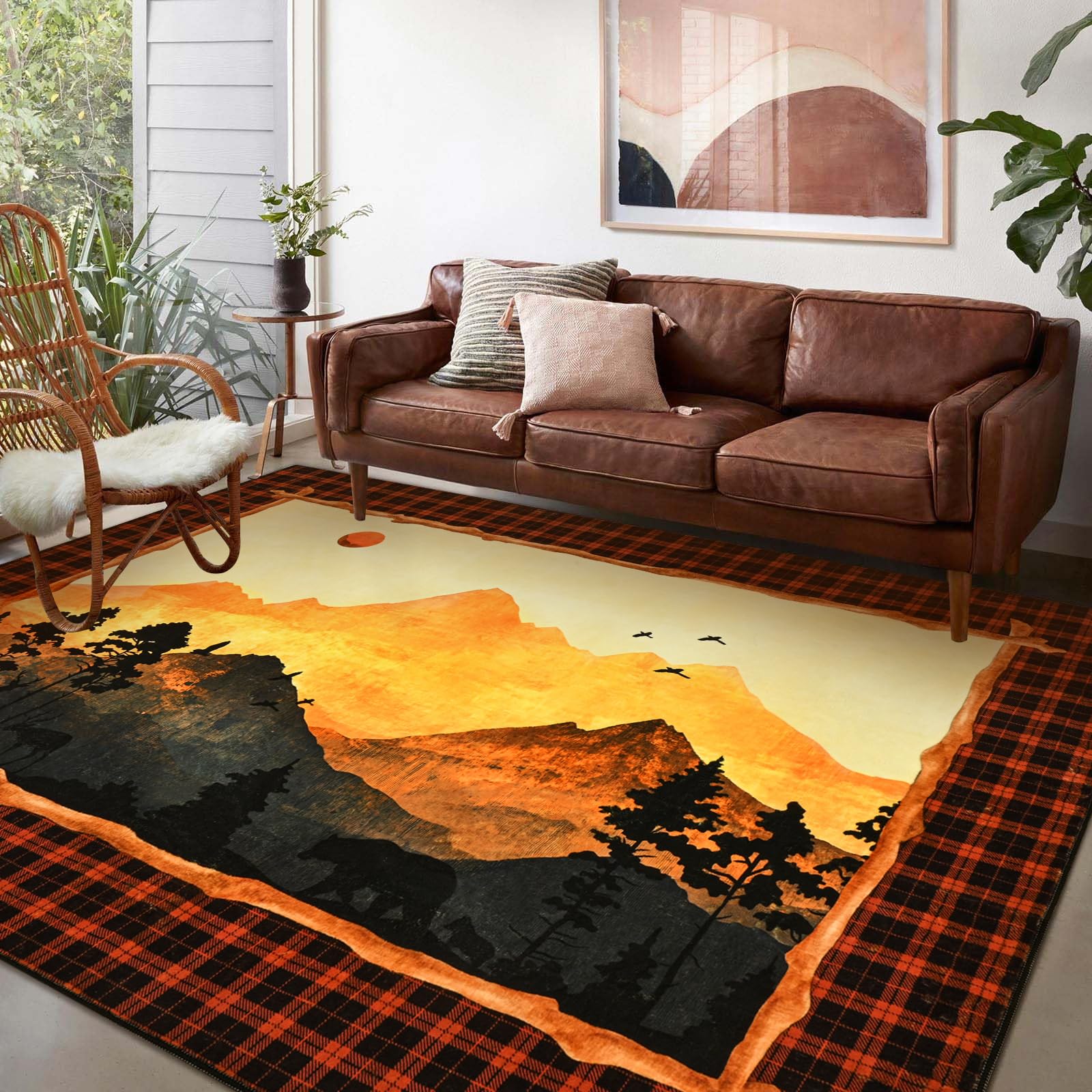 Photo 1 of FRAMICS Mountain Area Rug 5x7 Rugs for Living Room Rustic Wildlife Washable Rug Non Slip Forest Sunset Rug for Bedroom, Soft Faux Wool Throw Rugs Farmhouse Carpet Low Pile, Vintage Cabin Decor