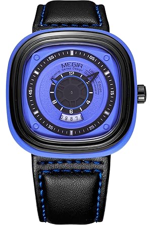 Megir Casual Chronograph Black Military Sport Mens Leather Wrist Watch