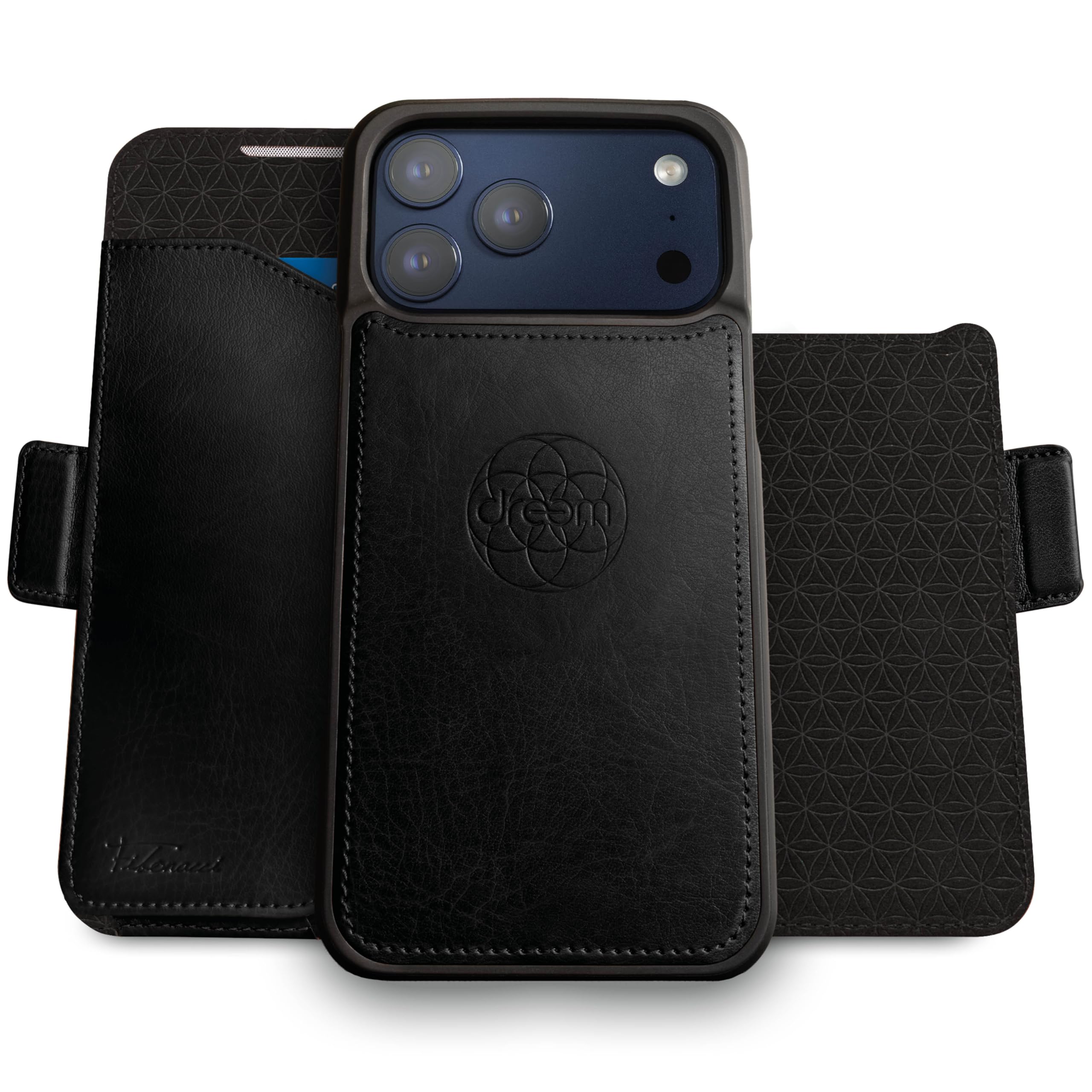 Dreem Wallet Case for iPhone 17 Pro, Revolutionary Vert/Hor Phone Stand, Magnetic Detachable Vegan Leather Flip Cover RFID Blocking Card Holder, MagSafe-Fit, Gift Box [Fibonacci: Black] Image