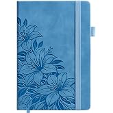 Lined Journal Notebook Hardcover Leather Bound 300 Pages A5 Blue Cute Diary | College Ruled 5.8x8.3" Thick Journaling Notebooks for Women, Floral Aesthetic Journals for Writing, Small Travel Note Book