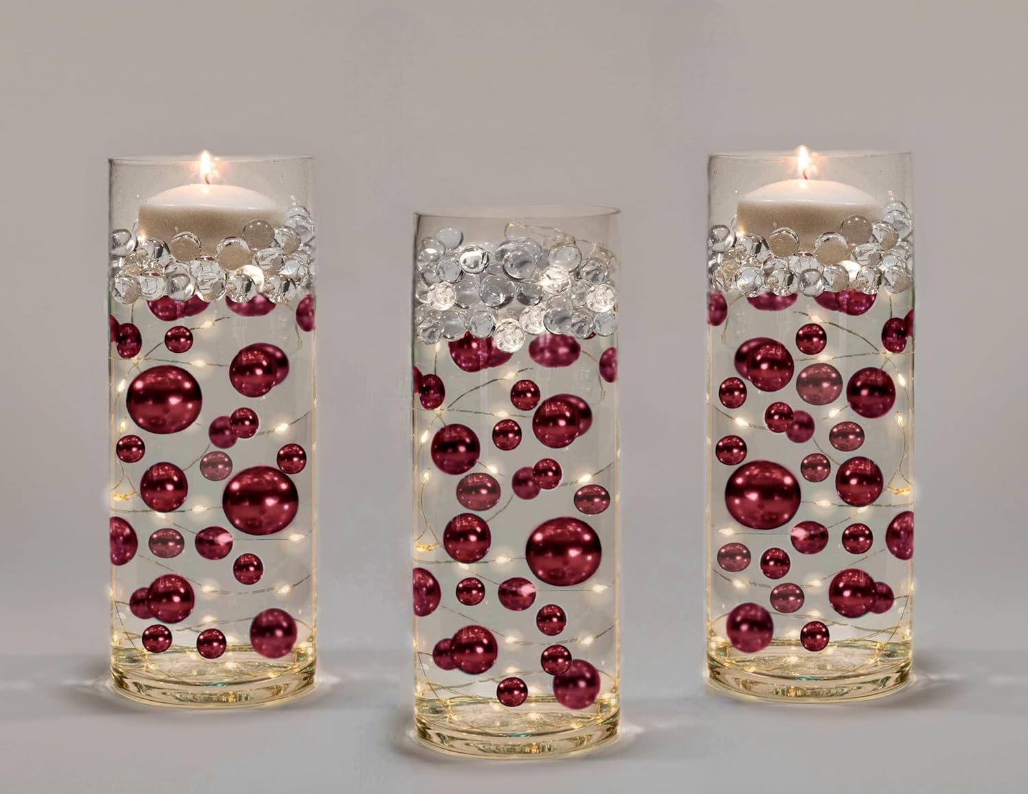 Vase Fillers - Floating Pearls Vibrant Burgundy-Shiny Jumbo Size-Fills 4 GL of Floating Pearls for Your Vases-with Premeasured Transparent Water Gels Kits for Best Floating Results-Vase Decorations