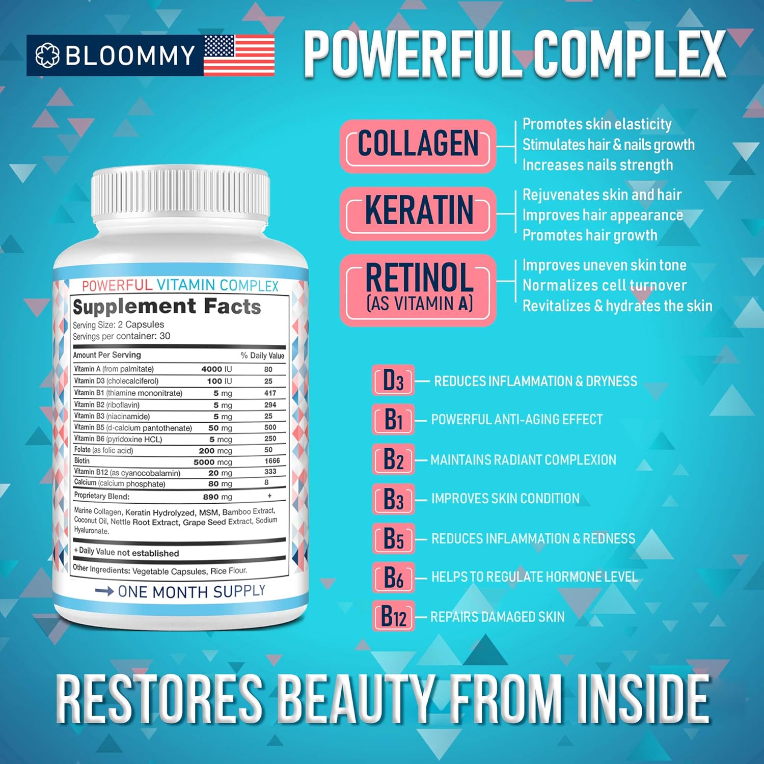 Biotin, Collagen & Keratin Capsules - Joints, Skin & Hair Natural Vitamins - Made in USA - Biotin & Collagen Supplements for Women - Collagen Pills for Hair Care - Collagen Peptides Pills - 60 caps: Health & Personal Care